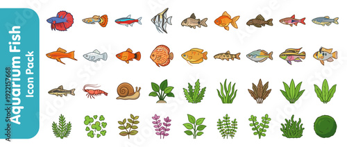 Vector Icon Set of 36 Freshwater Aquarium Fish and Aquatic Plants in Flat Design. Colorful Collection of Tropical Fish Species, Shrimp, Snail, and Underwater Greenery for Pet Hobbyists and Decor.