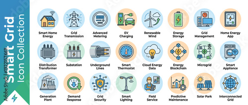 Smart Grid Icon Set Featuring 24 Vector Illustrations for Power Distribution, Renewable Energy, Solar Panels, Wind Turbines, EV Charging, Smart Home Technology, and Sustainable Utility Management.