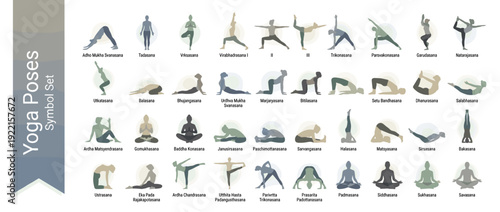 Yoga Pose and Asana Silhouette Vector Icon Set, 40 Flat Design Illustrations with Sanskrit Names in Modern Neutral Palette for Wellness, Fitness, Meditation, Mindfulness, and Yoga Studio Decor.