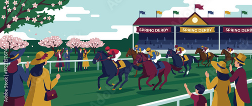 Flat Vector Illustration of a Spring Horse Race Derby with Jockeys Competing on a Track, Spectators in Elegant Hats and Formal Attire Cheering, Cherry Blossoms, and a Grandstand Stadium Background.