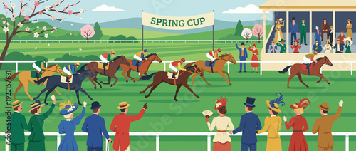 Flat vector illustration of a spring horse race event with jockeys riding horses on a green track and spectators in fancy hats and formal attire watching the Spring Cup from the sidelines.