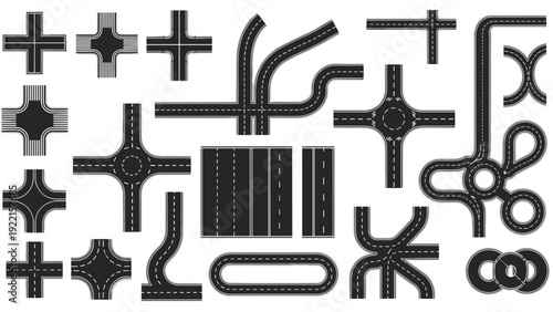Top-down view set of road and highway elements, including straight sections, curves, intersections, and roundabouts for map creation.