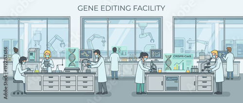 Modern gene editing facility flat vector illustration featuring scientists in lab coats working with CRISPR-Cas9 technology, DNA models, robotic arms, and advanced laboratory research equipment.