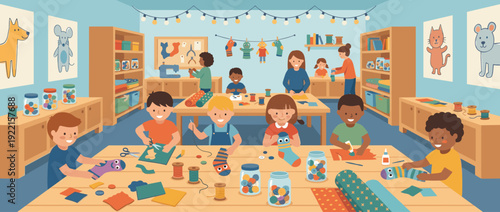Children and Adults in a Creative Puppet Making Workshop Illustration with Fabric, Buttons, and Socks. Kids Learning Crafting and Sewing in a Colorful Classroom Setting with Art Supplies and Tools.