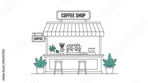 Minimalist line art illustration of a small coffee shop or kiosk with an awning, counter, and espresso machine on a white background.