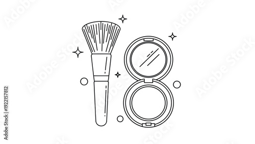Simple line art icon of a makeup brush and an open compact powder case with a mirror, surrounded by minimalist decorative sparkles.