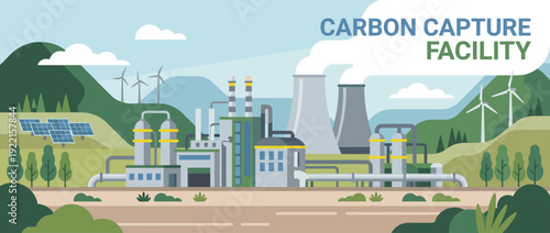 Flat vector illustration of a modern carbon capture facility with industrial equipment, cooling towers, and pipes, integrated with renewable energy sources like wind turbines and solar panels.