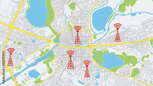 City map showing the locations of several red cellular network towers, illustrating the concept of mobile communication coverage.
