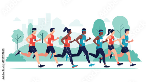 Diverse group of male and female athletes running a marathon or race together in a city park with a skyline in the background.