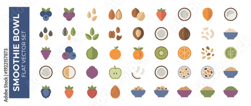 Flat Vector Icon Set of Smoothie Bowl and Acai Ingredients Featuring Fresh Fruit, Berries, Nuts, Seeds, and Granola. Minimalist Geometric Design for Healthy Food, Breakfast, and Wellness Graphics.