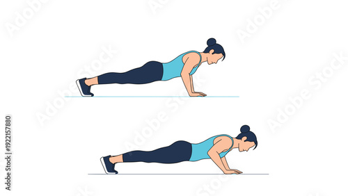 Two-step exercise illustration showing a woman in sportswear performing a push-up, demonstrating the up and down positions.
