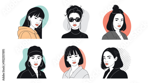 Collection of stylish portraits of modern Asian women with different hairstyles and accessories, in a minimalist line art style.