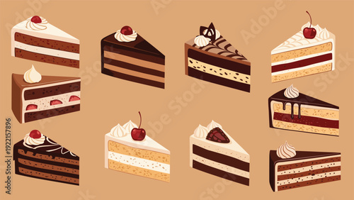 Delicious-looking set of various cake slices, including chocolate, vanilla, and fruit cakes with different toppings and layers.