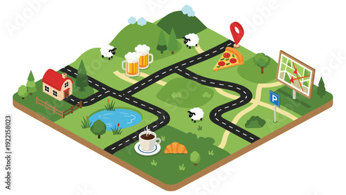 Detailed isometric map of a countryside landscape with roads, a house, sheep, and location pins for pizza, beer, and coffee points.