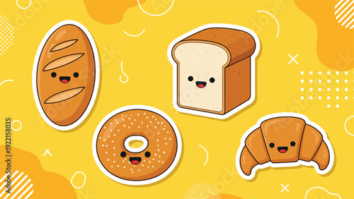Adorable collection of kawaii bakery character stickers, including a baguette, bread, and croissant with cute faces on a yellow background.