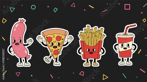 Funky collection of retro cartoon fast food characters, including a pizza slice and french fries, in a groovy vintage animation style.