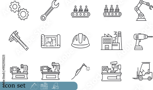 Print Precision Mechanical Engineering and Industrial Workshop Icon Set Featuring Lathe Machines Welding Equipment Hand Tools and Blueprint Designs