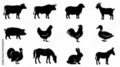 Set of animal silhouette icons including cow, pig, chicken, and donkey in a farm animal icon set