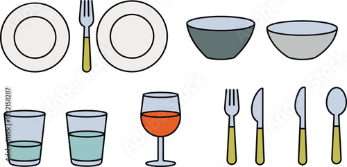 Dining utensils and tableware vector illustration set, plates bowls glasses wine glass fork knife spoon kitchenware clipart for restaurant food design graphics