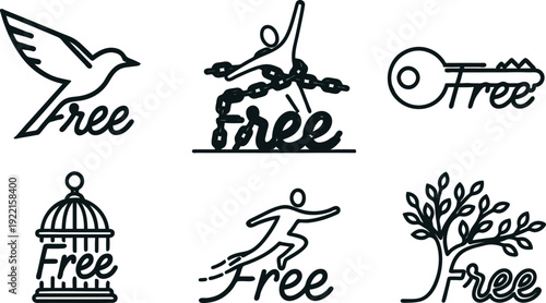Black line icons of freedom and liberty concepts with word free  bird flying cage tree key breaking chains running