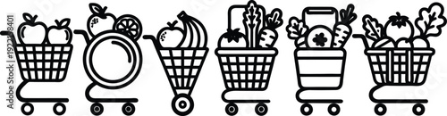 Black line art icons of grocery shopping carts with various fresh foods and plate isolated on transparent background