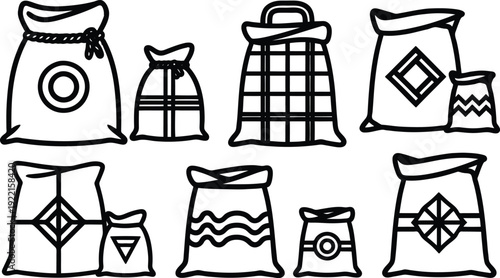 Blackandwhite illustration of various bags and sacks with different patterns and designs on transparent background