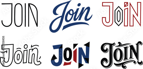 Collection of various Join text logos and typography designs on white background
