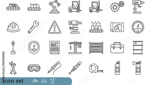 Print Comprehensive Industrial Workshop and Safety Icon Set Featuring Automated Assembly Lines Technical Tools Measuring Instruments and Protective Gear