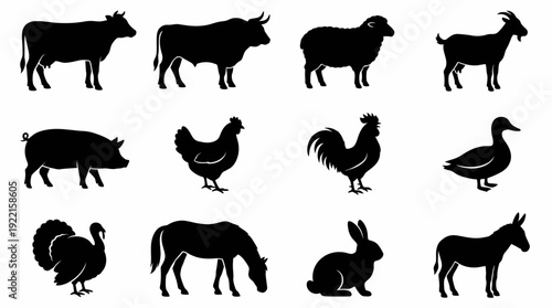 Collection of animal silhouette icon set featuring various farm animals in a simple and modern design