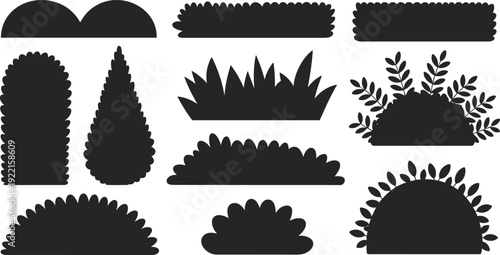 Black Bush and Hedge Silhouettes Collection, Decorative Garden Shrubs and Foliage Shapes for Landscaping Design, Isolated Nature Elements Set