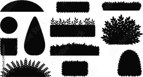 Bush and Shrub Silhouette Set, Decorative Garden Hedge Shapes Collection for Landscaping Design, Isolated Black Nature Elements for Park and Outdoor Illustration