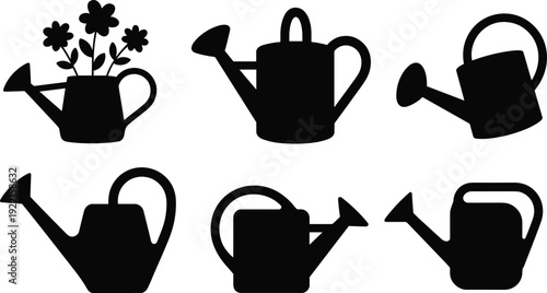 Black Silhouette Watering Cans Set with Flowers, Gardening Equipment Icons Collection for Plant Care, Agriculture, Irrigation and Home Garden Design Concept