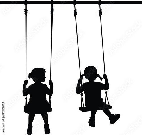 Children Silhouettes on Swings at Playground, Happy Kids Enjoying Outdoor Park Playtime, Childhood Freedom Black Vector Illustration