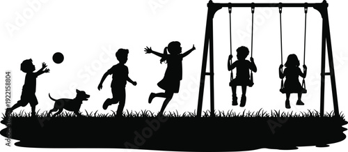 Children Silhouettes Playing in Park with Dog and Swings, Happy Kids Running and Swinging Outdoors, Childhood Freedom and Joyful Activity Vector Illustration
