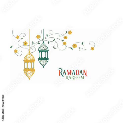 Ramadan Kareem: Decorative lanterns illuminated with golden and turquoise hues, suspended amidst flourishing floral vines, conveying the spirit of Ramadan.