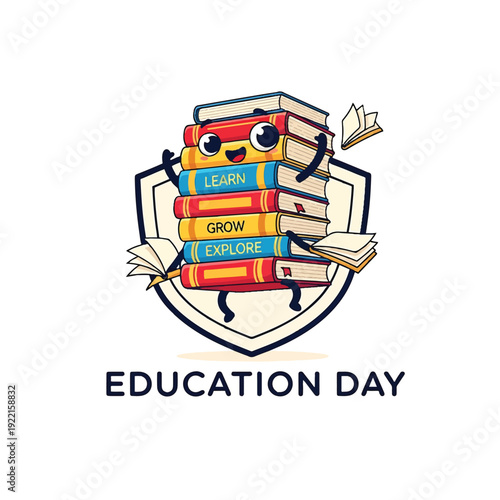 Stacked colorful books character with shield for Education Day
