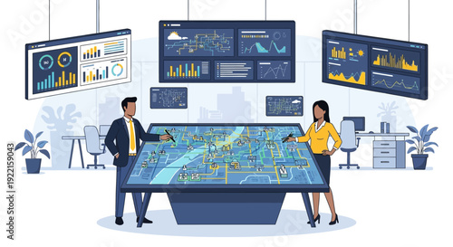 Two professionals analyzing a large interactive map display.