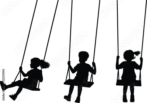 Children Silhouettes Swinging on Playground Swings, Happy Kids Enjoying Outdoor Park Playtime, Childhood Freedom and Joyful Motion Vector Illustration