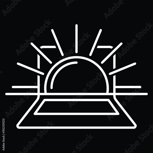 Remote Work Sunrise Laptop Monoline Icon – Minimal Horizon Rays White Line Art on Black Vector