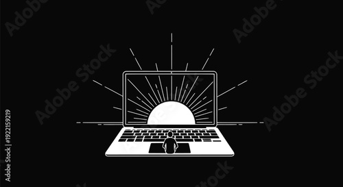 Remote Work Sunrise Laptop Monoline Icon – Minimal Horizon Rays White Line Art on Black Vector