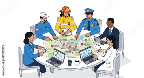 Diverse professionals collaborating around a table with a map.