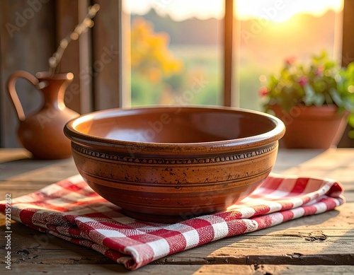 Rustic Ceramic Bowl On Red And White Checkered Cloth Near Window During Sunset