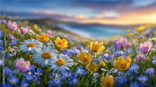 First Day of Spring wildflower field under soft morning sunlight, expansive First Day of Spring nature renewal panorama, open sky First Day of Spring background with copy space