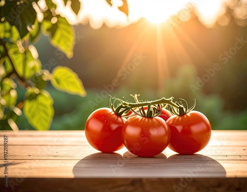 Ripe Tomatoes on Wooden Table with Sunlight Streaming Through Green Foliage Creating Warm Atmosphere