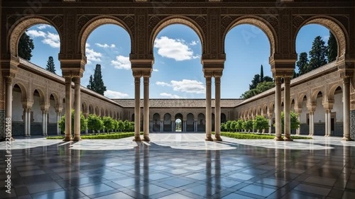 Cinematic Shot of Alhambra Courtyard with Arches and Reflections, Sunny Day, Travel Concept