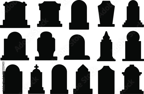 Gravestone and Tombstone Silhouettes Set, Cemetery Memorial Headstones Collection for Funeral, RIP Monument, Burial Marker and Halloween Design Illustration