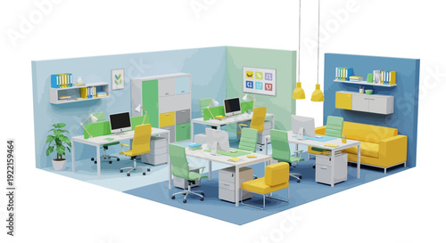 Modern Office Interior Design with Desks and Chairs.