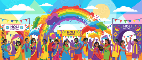Vibrant flat vector illustration of people celebrating the Holi festival, throwing colorful powder in the air under a bright rainbow and sunny sky with festive banners and traditional clothing.