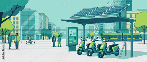 Sustainable Urban Mobility Illustration Featuring an Electric Scooter Sharing Station with Solar Panels, Digital Kiosk, People, and a Tram in a Modern City Plaza with a Clean Teal Color Palette.