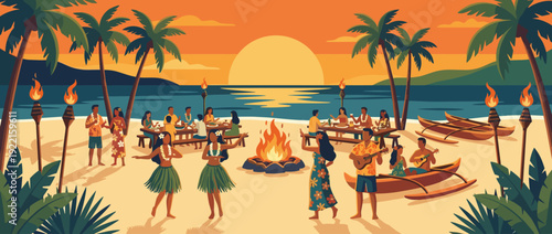 Flat Vector Illustration of a Traditional Hawaiian Luau Beach Party at Sunset with Hula Dancers, Tiki Torches, Bonfire, People Dining, Palm Trees, and Outrigger Canoes on a Tropical Island Shore.